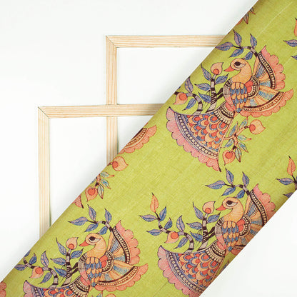 Pistachio Green And Orange Madhuvanii Pattern Digital Print Art Tusser Silk Fabric