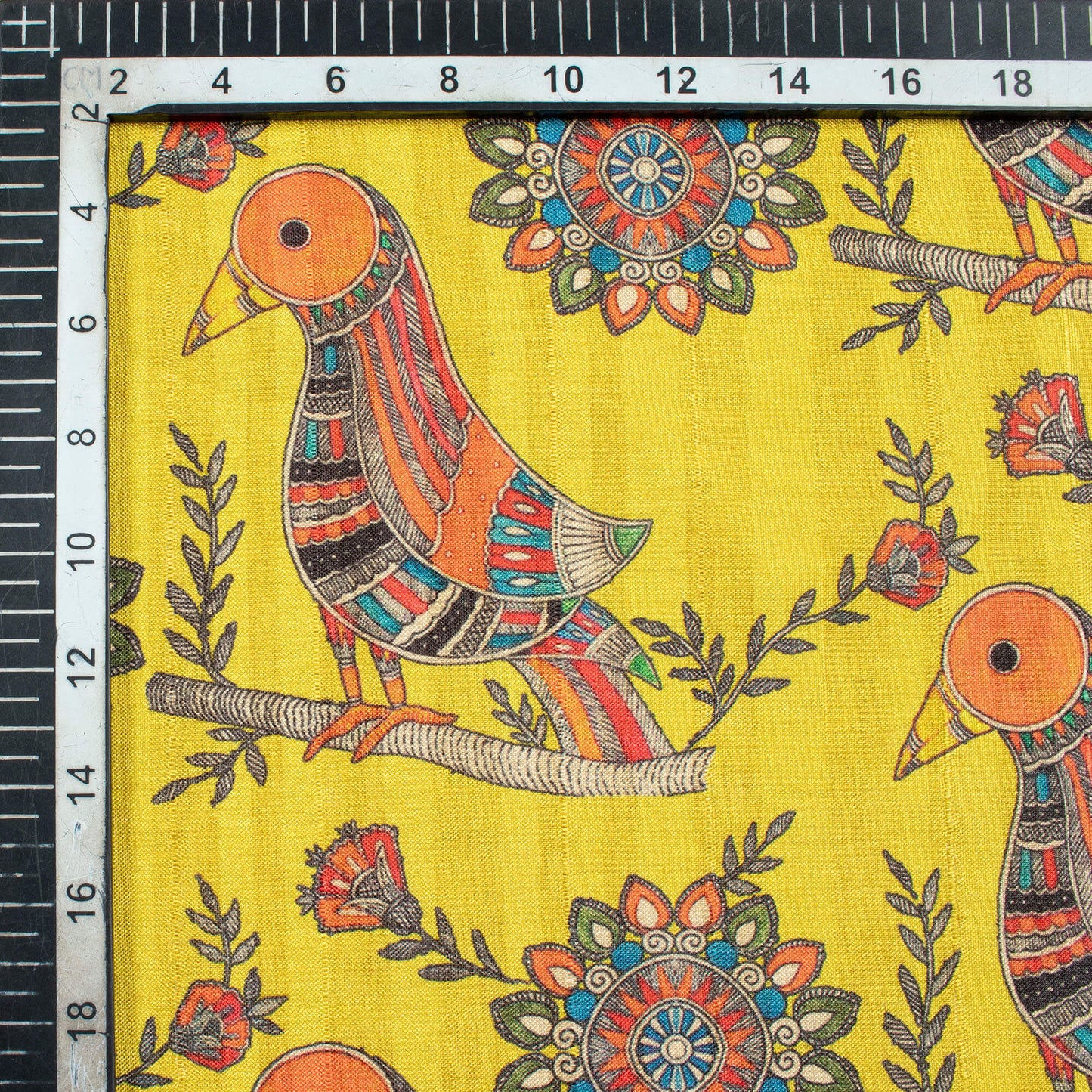 Yellow And Orange Madhubani Pattern Digital Print Art Tussar Silk Fabric