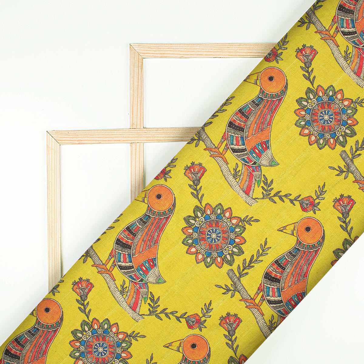 Yellow And Orange Madhubani Pattern Digital Print Art Tussar Silk Fabric