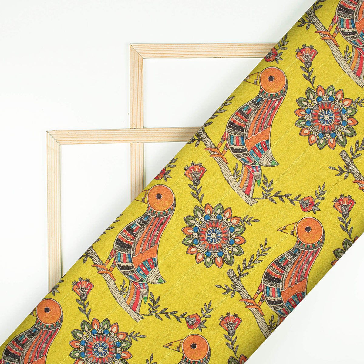 Yellow And Orange Madhubani Pattern Digital Print Art Tusser Silk Fabric