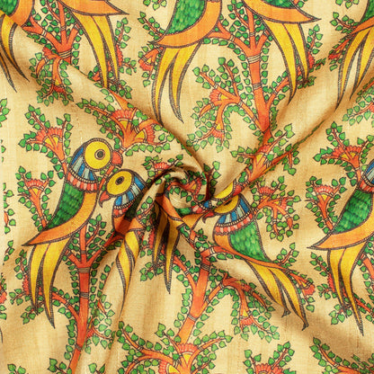 Beige And Parrot Green Madhuvanii Pattern Digital Print Art Tusser Silk Fabric