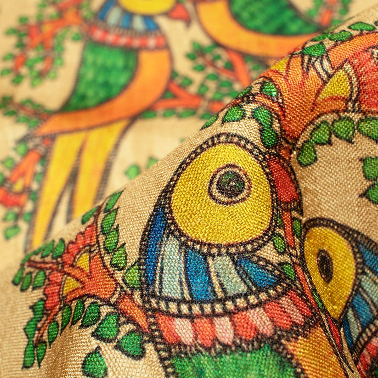 Beige And Parrot Green Madhubani Pattern Digital Print Art Tussar Silk Fabric