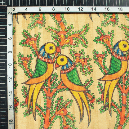 Beige And Parrot Green Madhuvanii Pattern Digital Print Art Tusser Silk Fabric