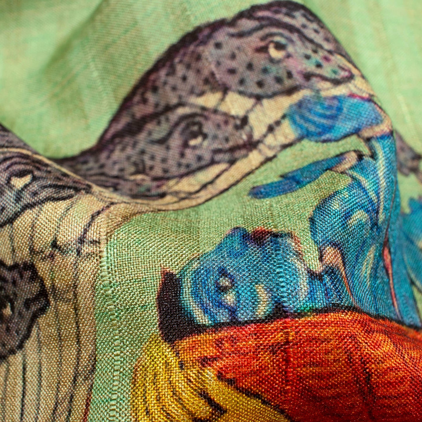 Pistachio Green And Maya Blue Madhubani Pattern Digital Print Art Tussar Silk Fabric