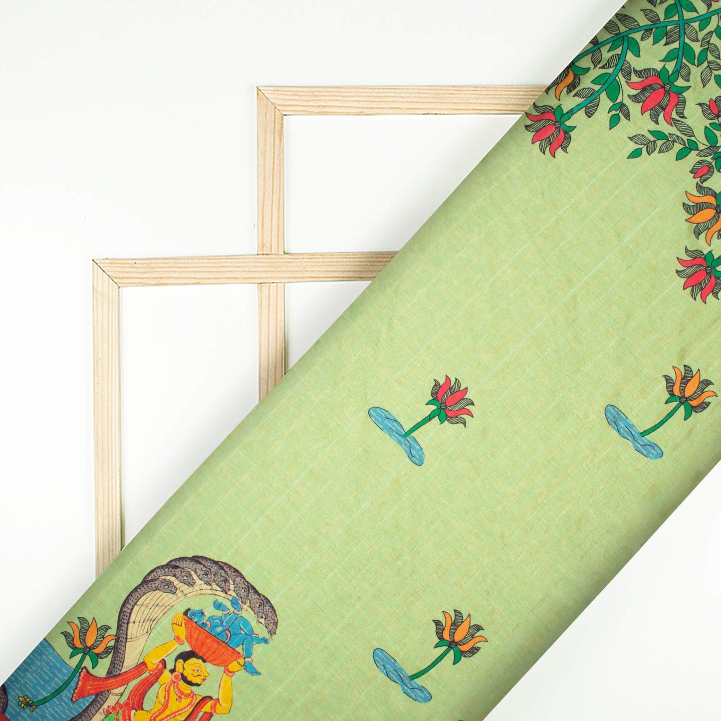 Pistachio Green And Maya Blue Madhubani Pattern Digital Print Art Tusser Silk Fabric - Fabcurate