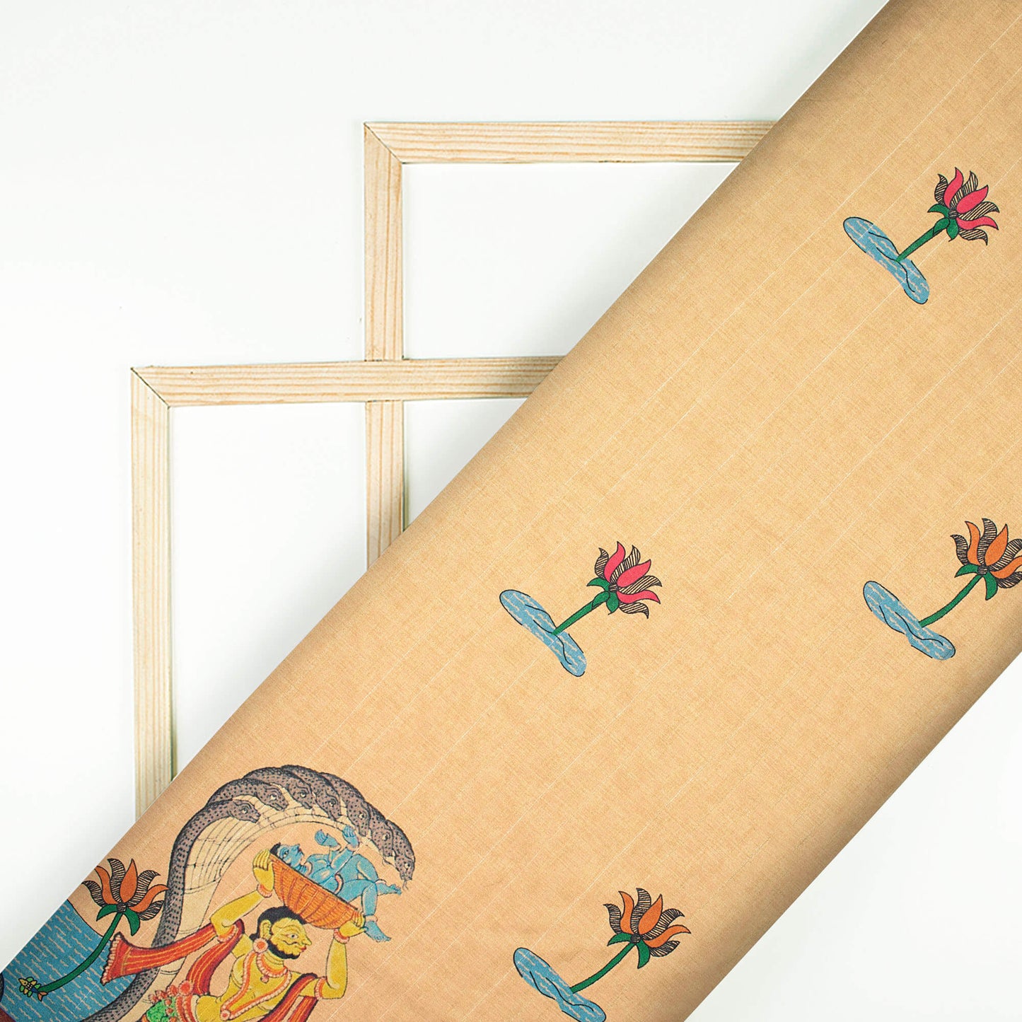 Sand Beige And Maya Blue Madhubani Pattern Digital Print Art Tusser Silk Fabric - Fabcurate