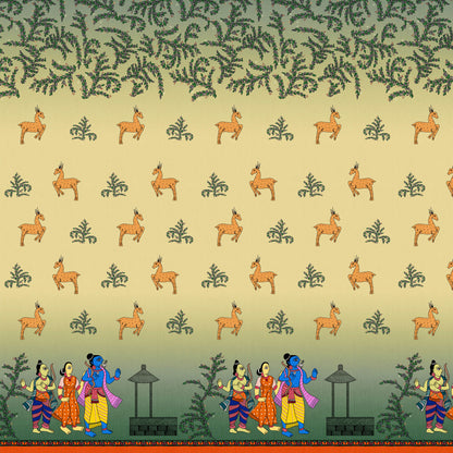 Cream And Gold Yellow Madhuvanii Pattern Digital Print Art Tusser Silk Fabric