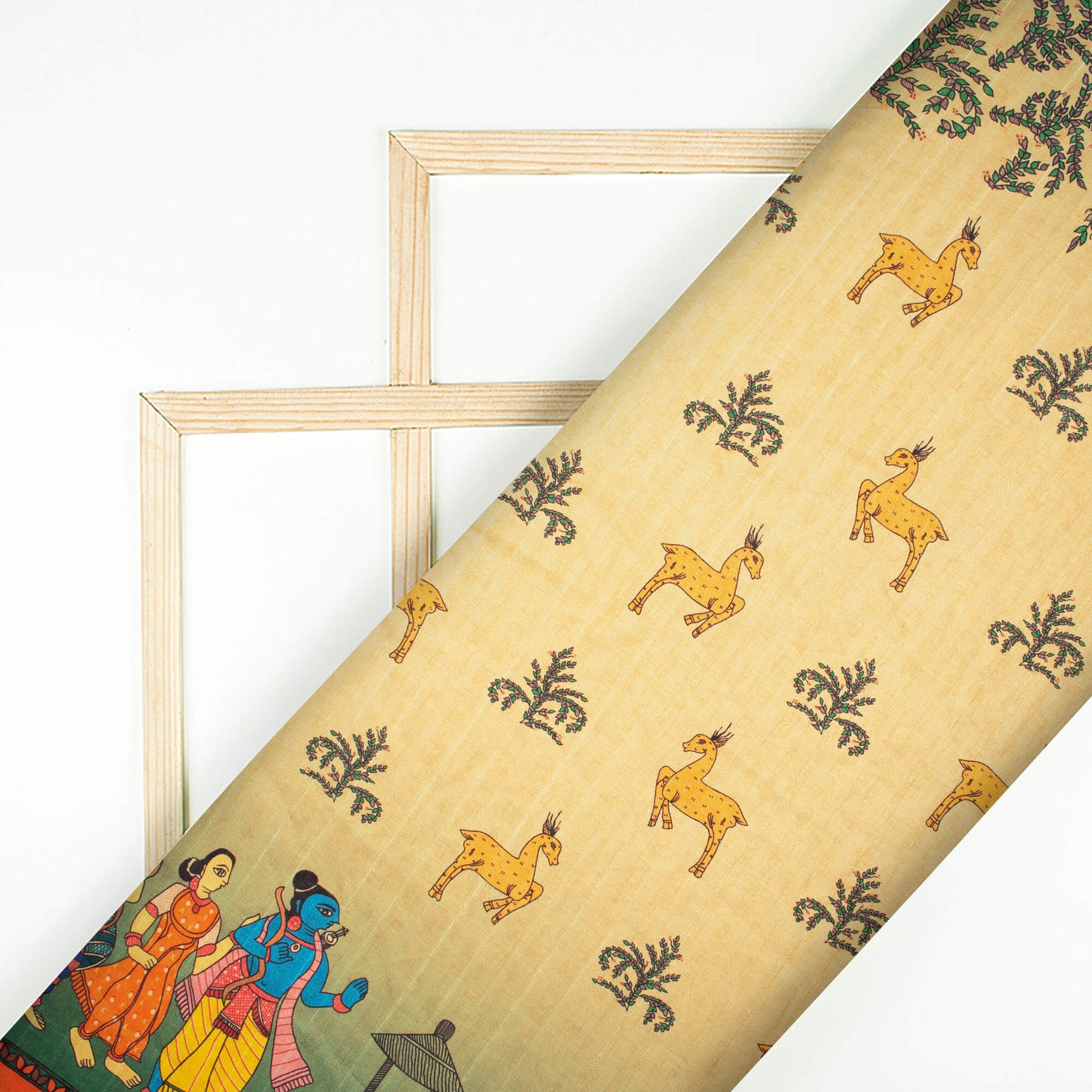 Cream And Gold Yellow Madhubani Pattern Digital Print Art Tusser Silk Fabric - Fabcurate