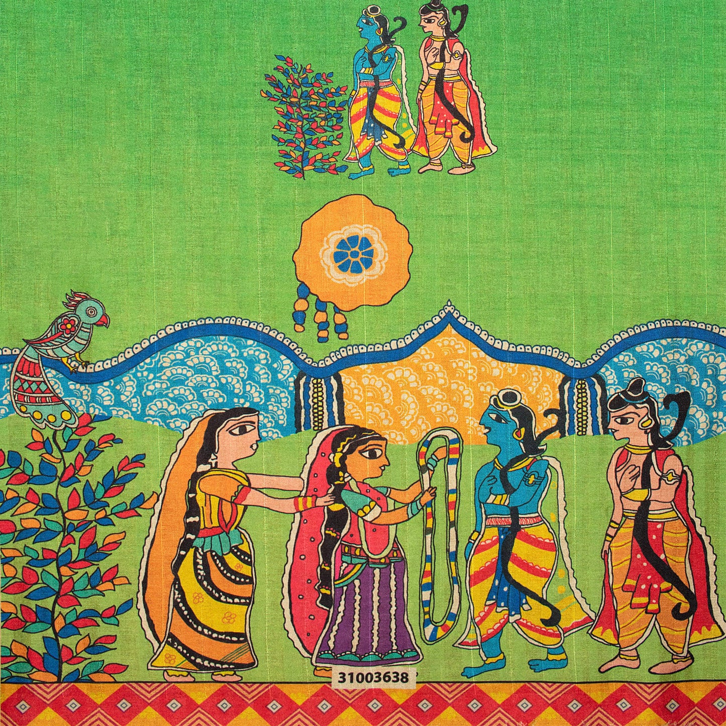 Parakeet Green And Orange Madhubani Pattern Digital Print Art Tusser Silk Fabric - Fabcurate