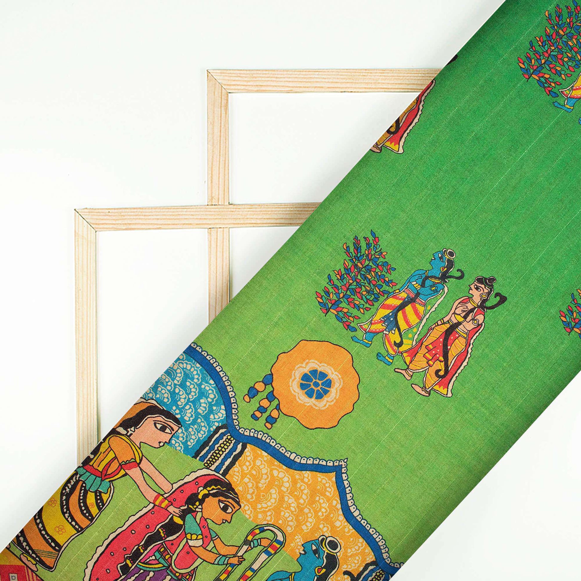 Parakeet Green And Orange Madhubani Pattern Digital Print Art Tusser Silk Fabric - Fabcurate