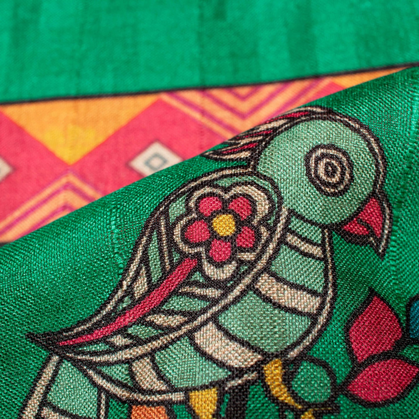 Persian Green And Red Madhubani Pattern Digital Print Art Tusser Silk Fabric - Fabcurate