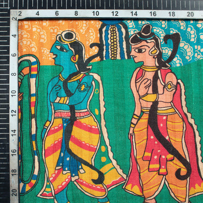 Persian Green And Red Madhubani Pattern Digital Print Art Tusser Silk Fabric - Fabcurate