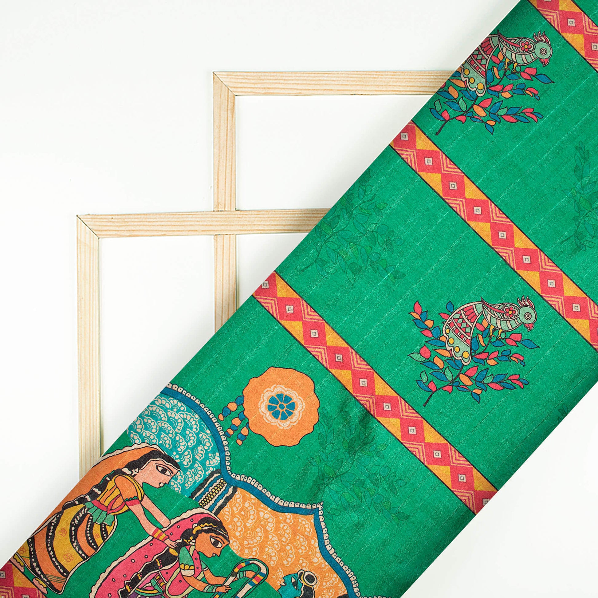 Persian Green And Red Madhubani Pattern Digital Print Art Tusser Silk Fabric - Fabcurate