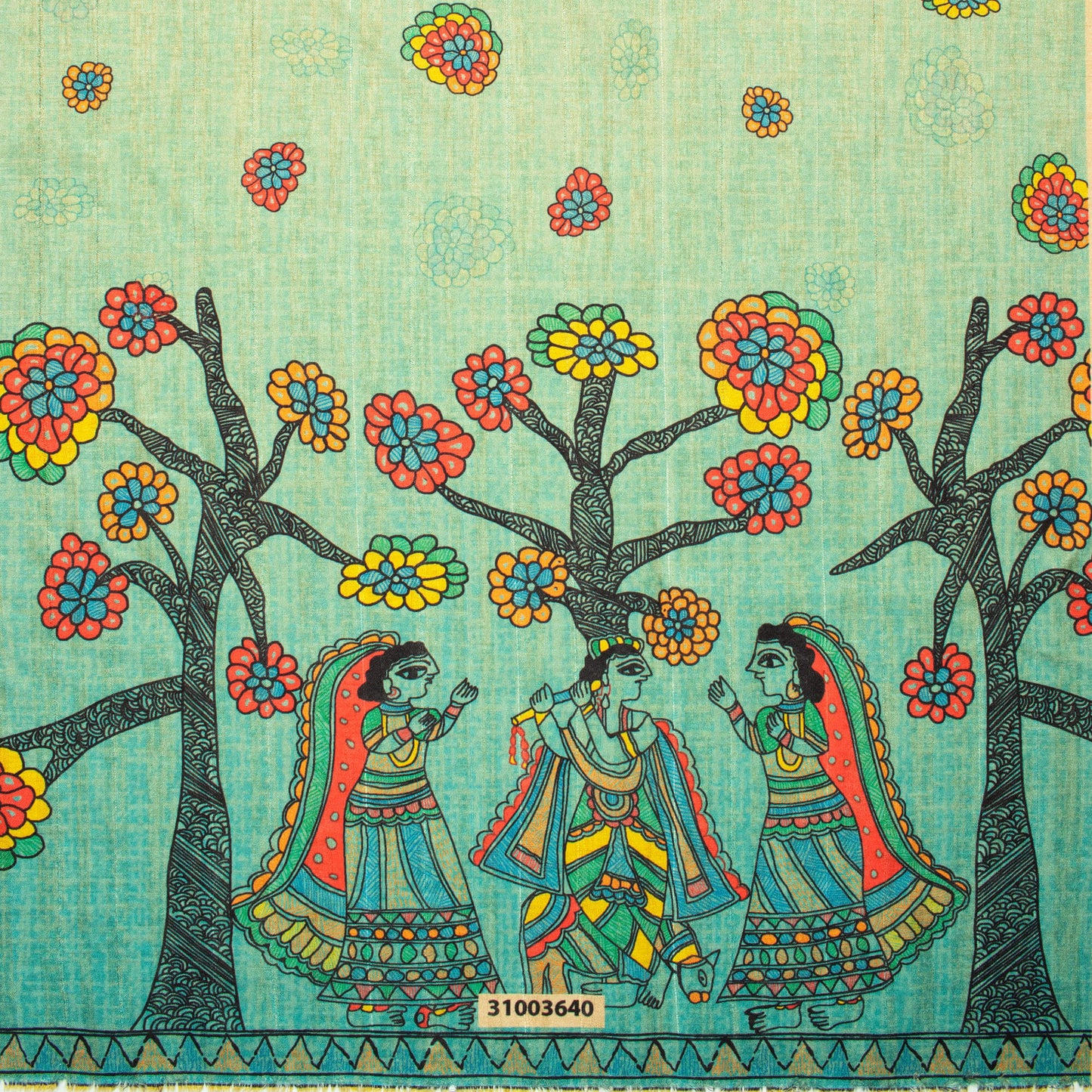 Sky Blue And Orange Madhubani Pattern Digital Print Art Tussar Silk Fabric