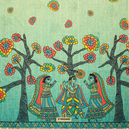 Sky Blue And Orange Madhuvanii Pattern Digital Print Art Tusser Silk Fabric