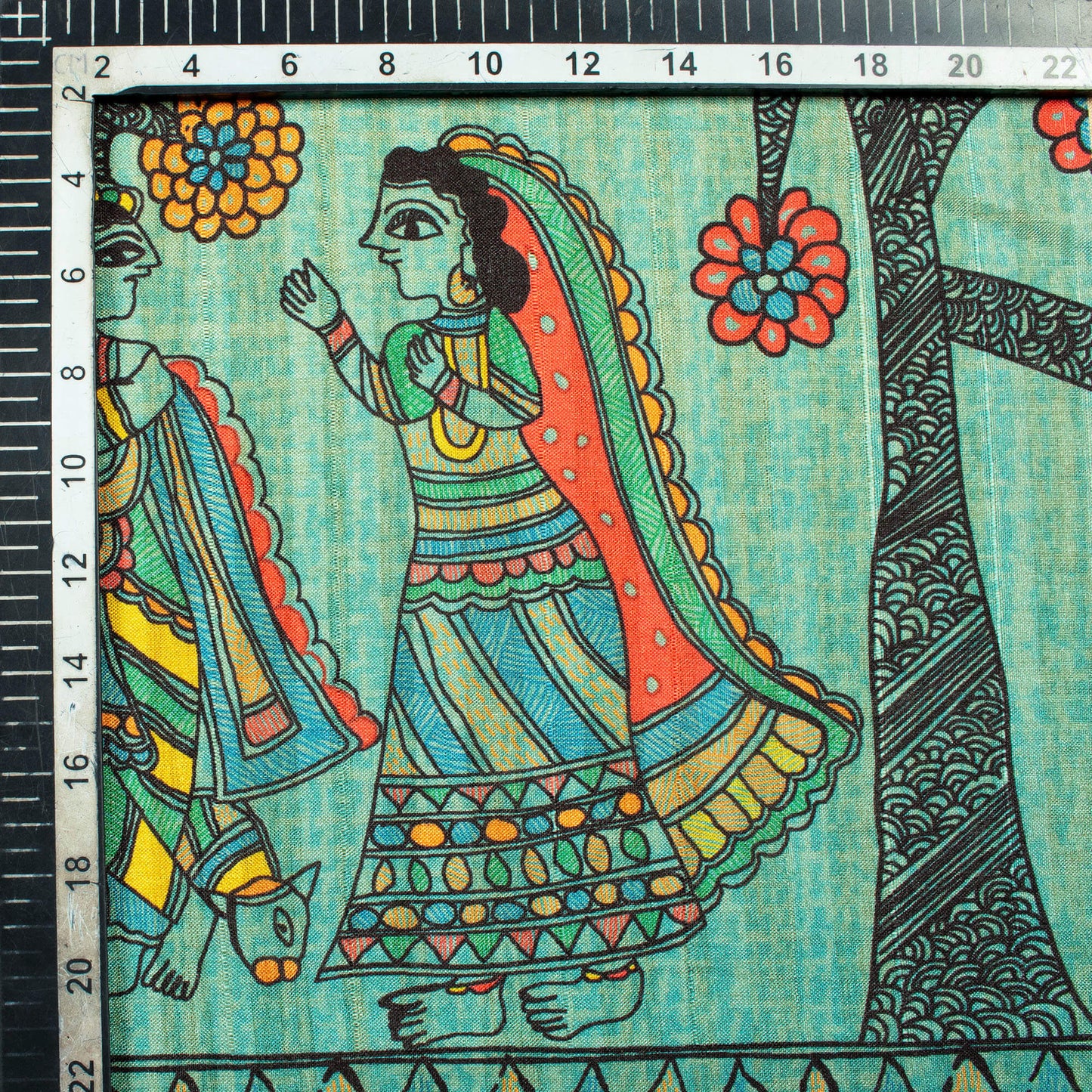 Sky Blue And Orange Madhubani Pattern Digital Print Art Tussar Silk Fabric