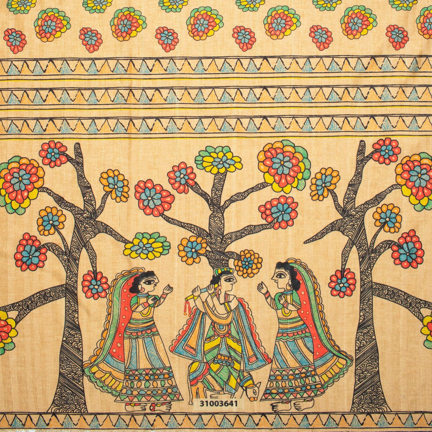 Sepia Beige And Red Madhubani Pattern Digital Print Art Tussar Silk Fabric