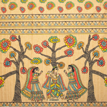 Sepia Beige And Red Madhuvanii Pattern Digital Print Art Tusser Silk Fabric