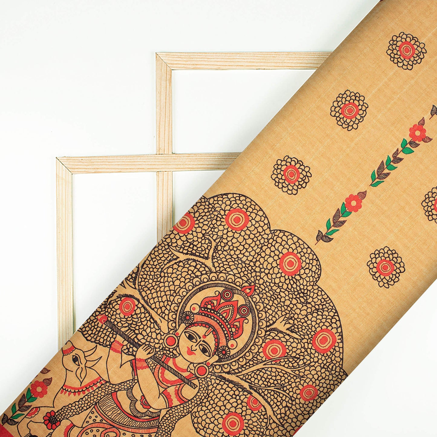 Copper Beige And Red Madhubani Pattern Digital Print Art Tusser Silk Fabric - Fabcurate