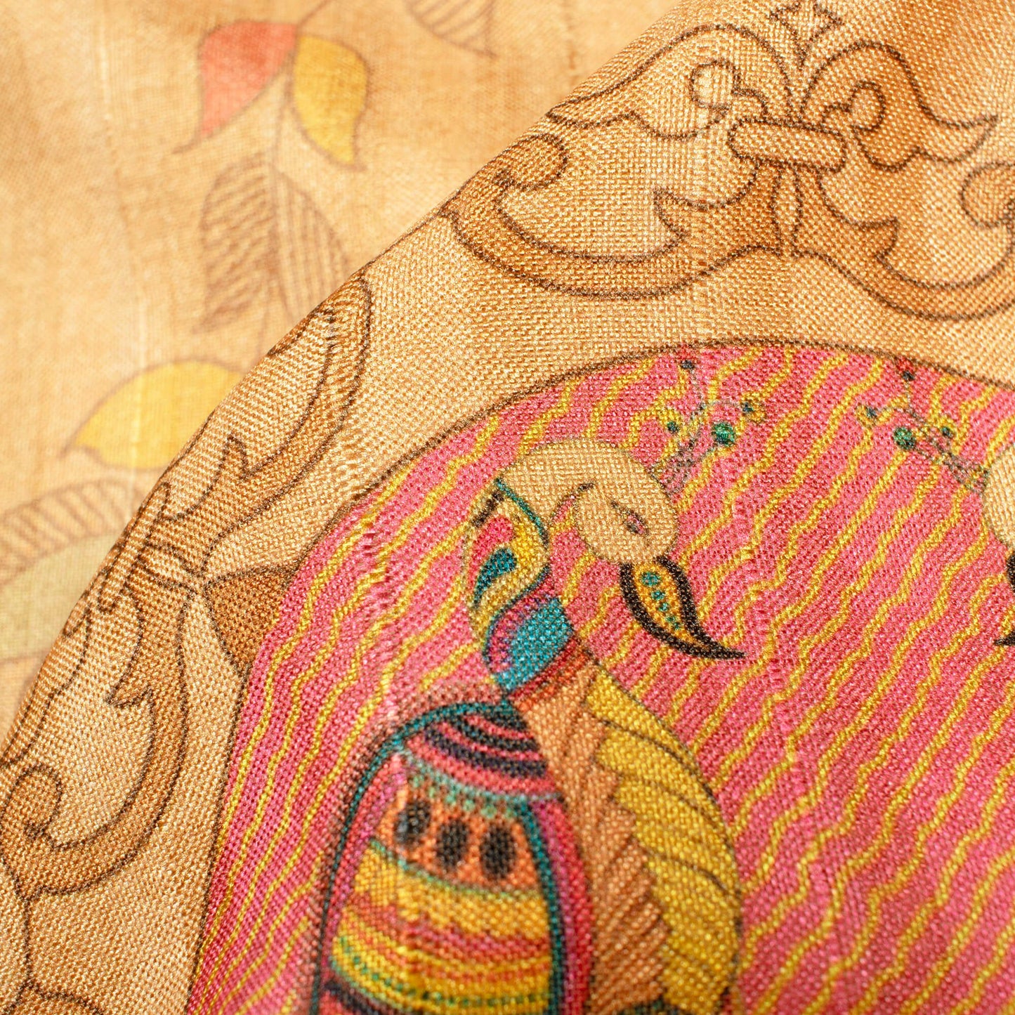 Beige And Brick Pink Madhubani Pattern Digital Print Art Tussar Silk Fabric