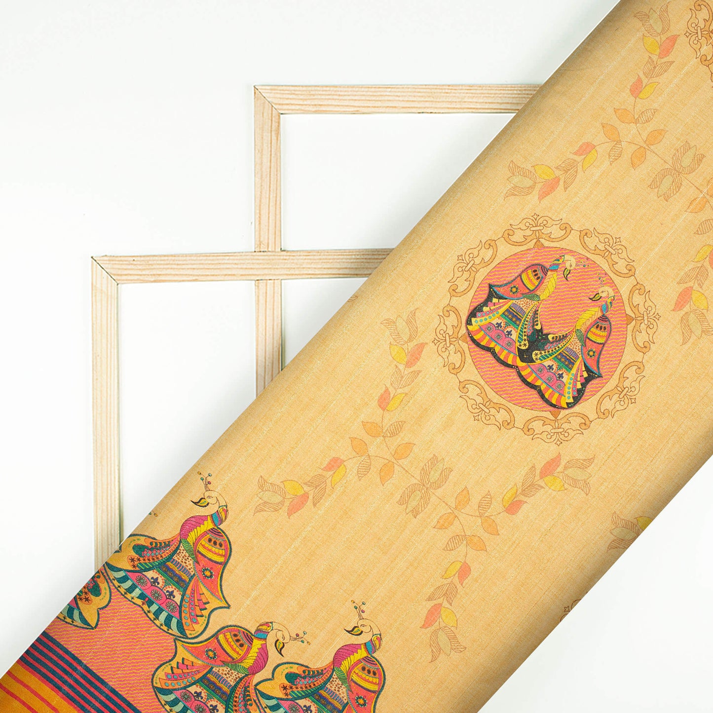 Beige And Brick Pink Madhubani Pattern Digital Print Art Tusser Silk Fabric - Fabcurate