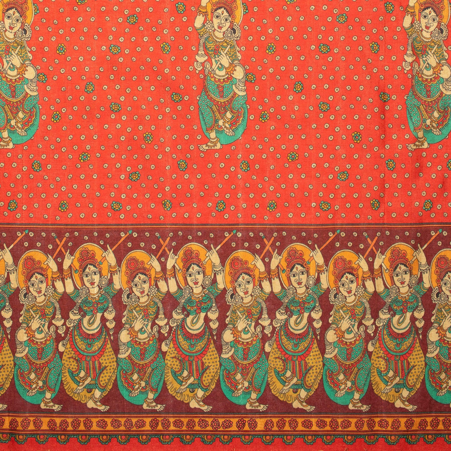 Cherry Red And Pine Green Madhubani Pattern Digital Print Art Tussar Silk Fabric