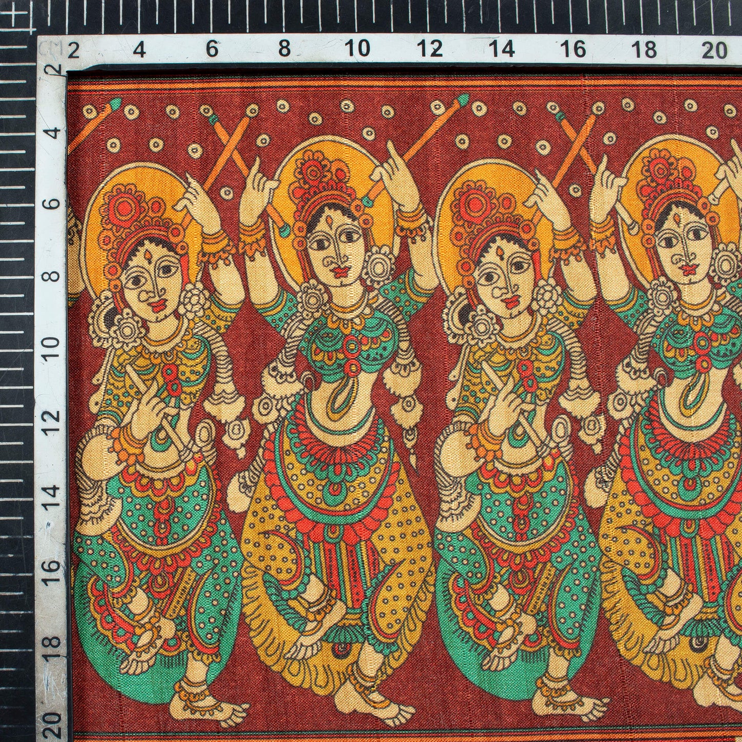 Cherry Red And Pine Green Madhubani Pattern Digital Print Art Tusser Silk Fabric