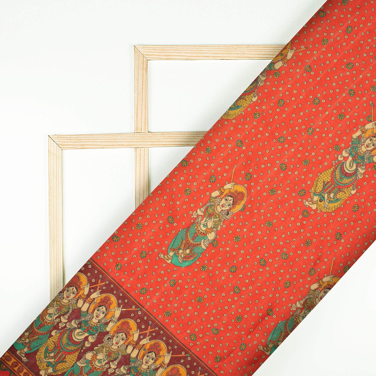 Cherry Red And Pine Green Madhubani Pattern Digital Print Art Tusser Silk Fabric - Fabcurate