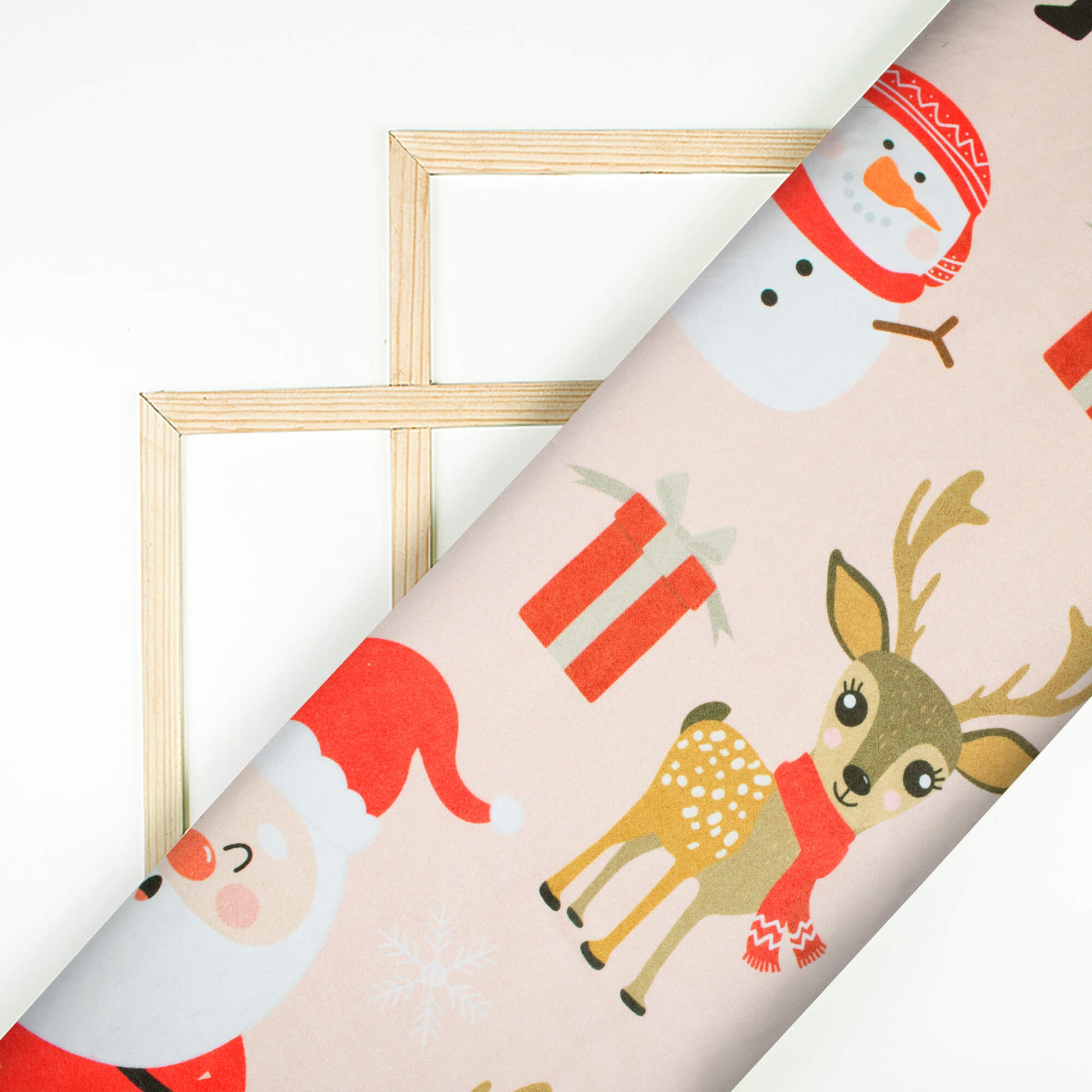 Peach And Brown Christmas Pattern Digital Print Japan Satin Fabric - Fabcurate