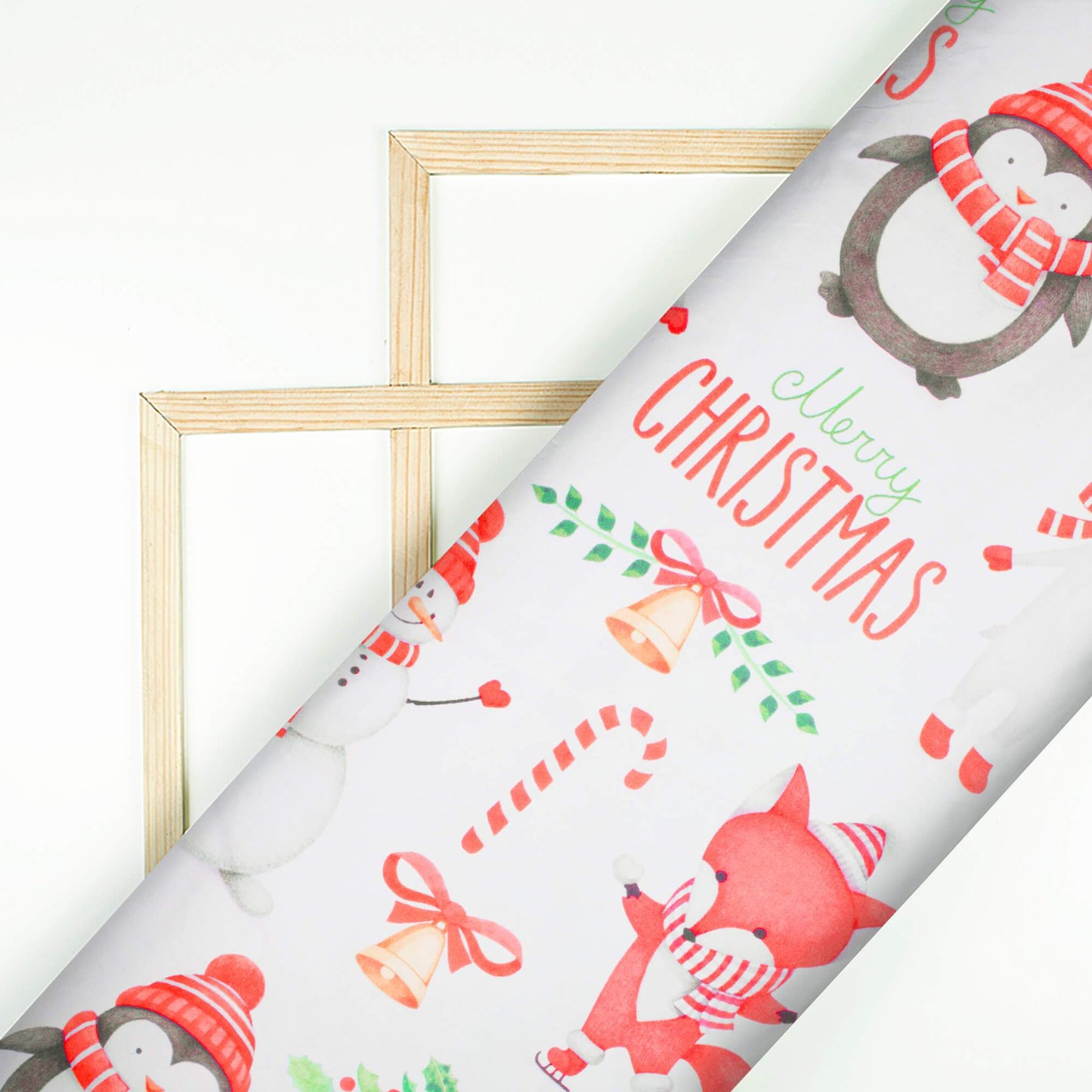 White And Red Christmas Pattern Digital Print Japan Satin Fabric - Fabcurate