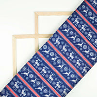 Navy Blue And Red Christmas Pattern Digital Print Japan Satin Fabric - Fabcurate