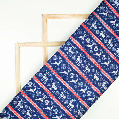 Navy Blue And Red Christmas Pattern Digital Print Japan Satin Fabric - Fabcurate