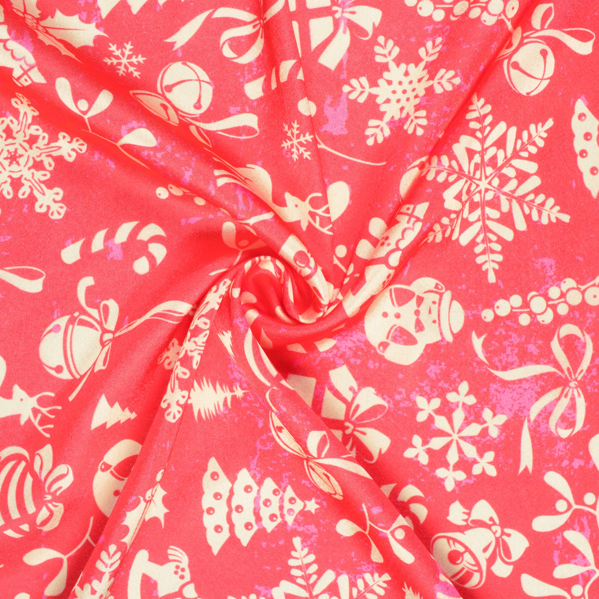 Ruby Pink And Cream Christmas Pattern Digital Print Japan Satin Fabric - Fabcurate