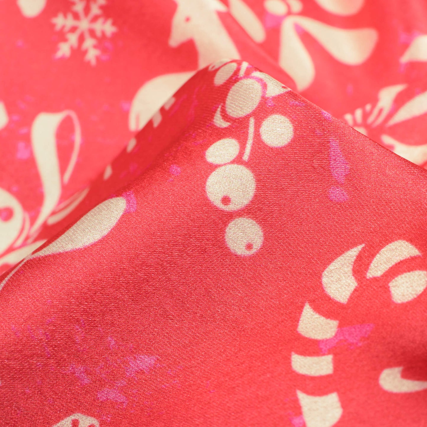 Ruby Pink And Cream Christmas Pattern Digital Print Japan Satin Fabric - Fabcurate