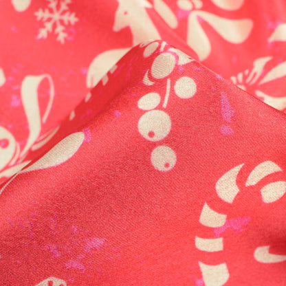Ruby Pink And Cream Christmas Pattern Digital Print Japan Satin Fabric - Fabcurate