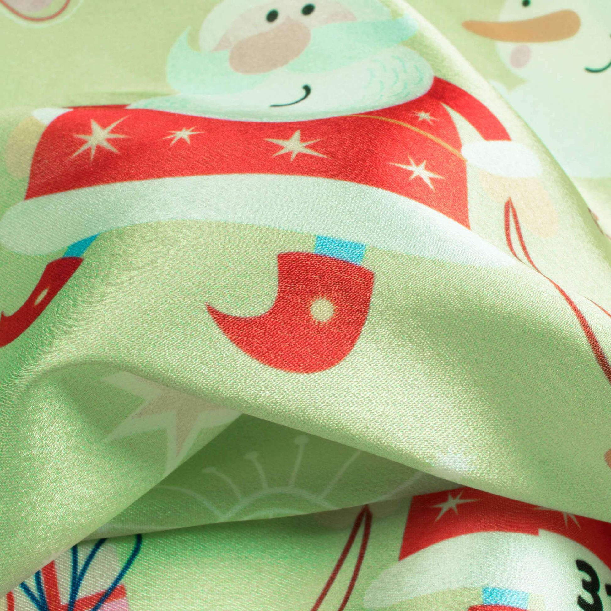 Mint Green And Red Christmas Pattern Digital Print Japan Satin Fabric - Fabcurate