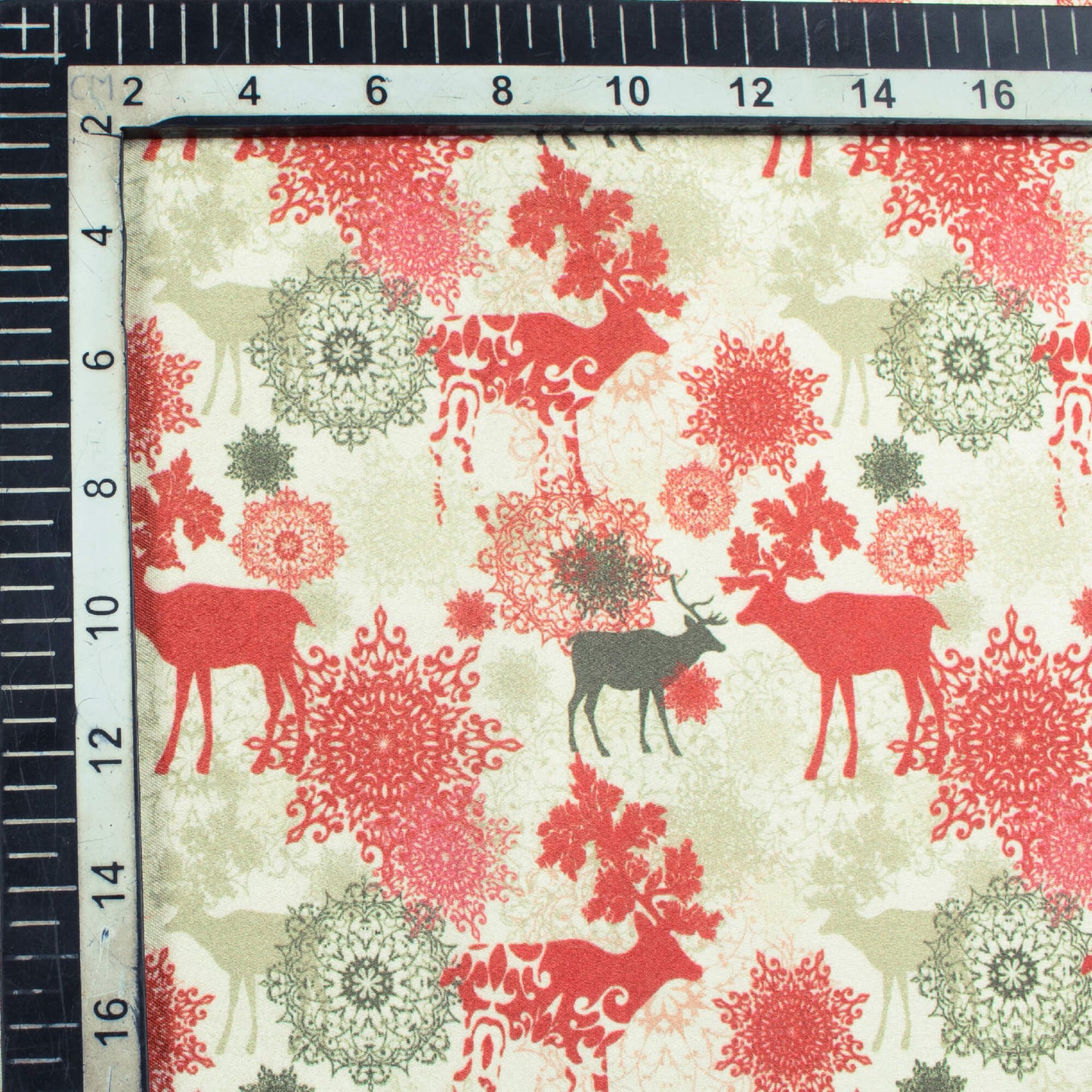 Maroon And Sage Green Christmas Pattern Digital Print Japan Satin Fabric - Fabcurate