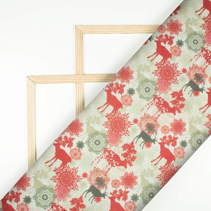 Maroon And Sage Green Christmas Pattern Digital Print Japan Satin Fabric - Fabcurate