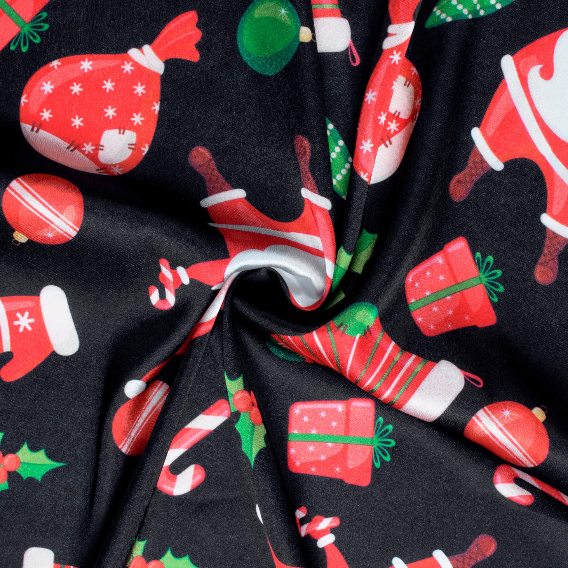 Black And Red Christmas Pattern Digital Print Japan Satin Fabric - Fabcurate