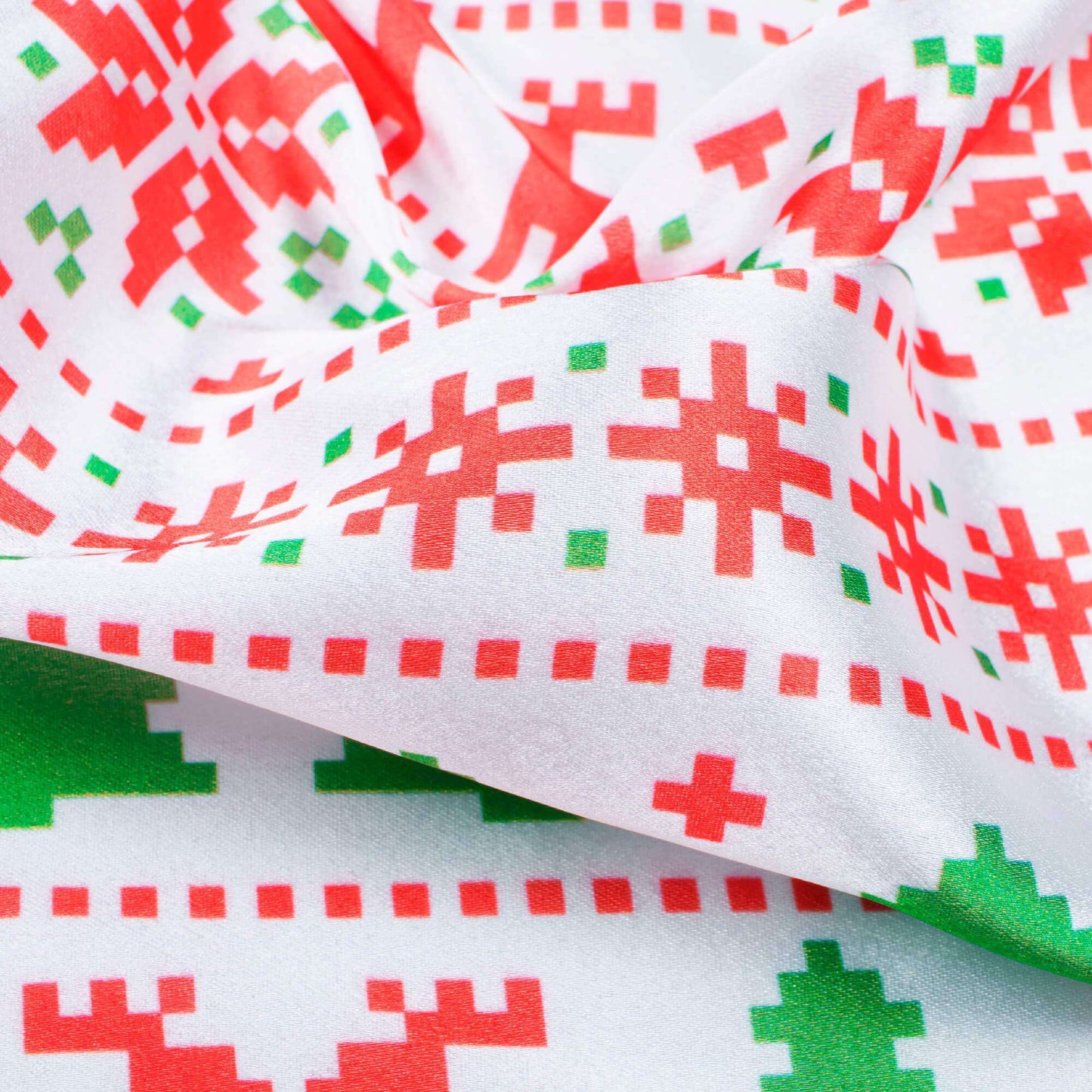 Green And Red Christmas Pattern Digital Print Japan Satin Fabric - Fabcurate