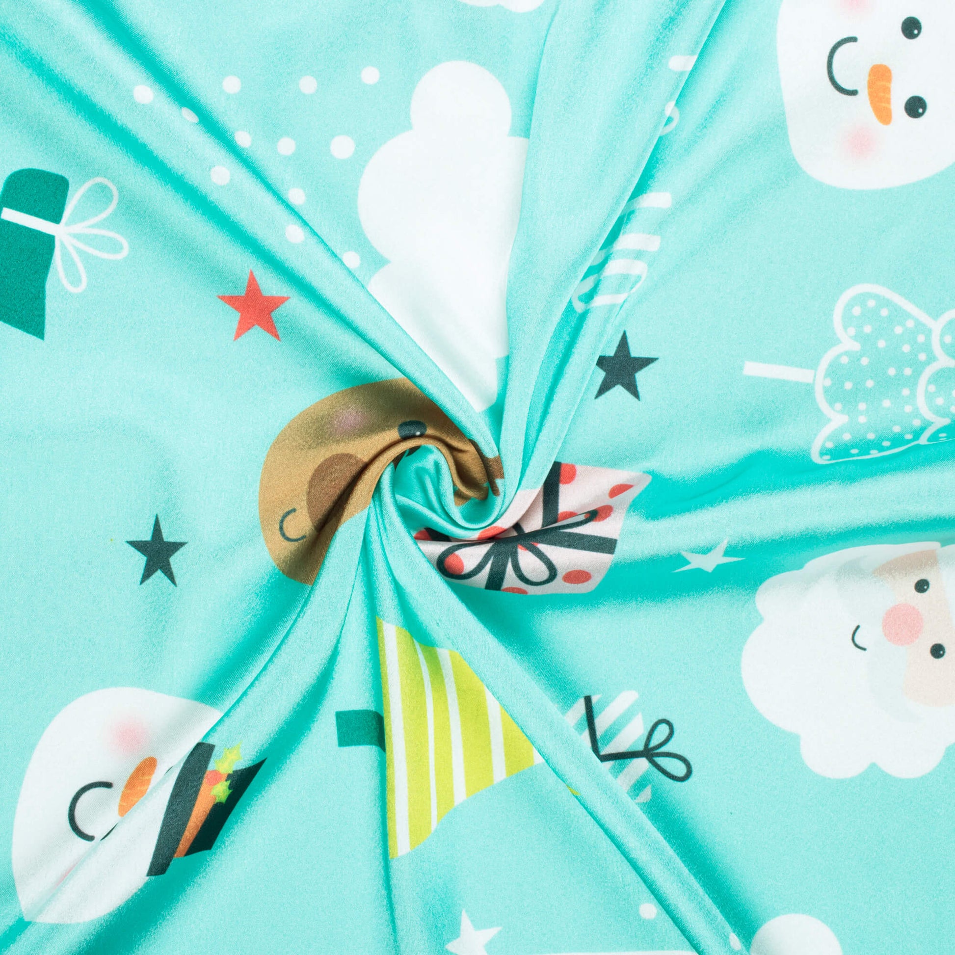 Pale Turquoise And White Christmas Pattern Digital Print Japan Satin Fabric - Fabcurate