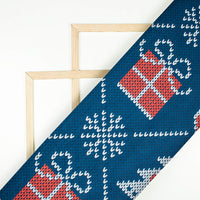 Navy Blue And Red Christmas Pattern Digital Print Japan Satin Fabric - Fabcurate