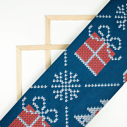Navy Blue And Red Christmas Pattern Digital Print Japan Satin Fabric - Fabcurate