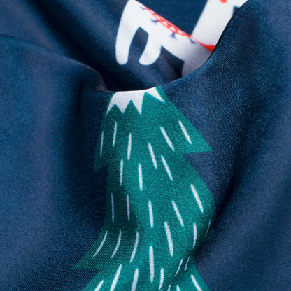 Navy Blue And Green Christmas Pattern Digital Print Japan Satin Fabric - Fabcurate