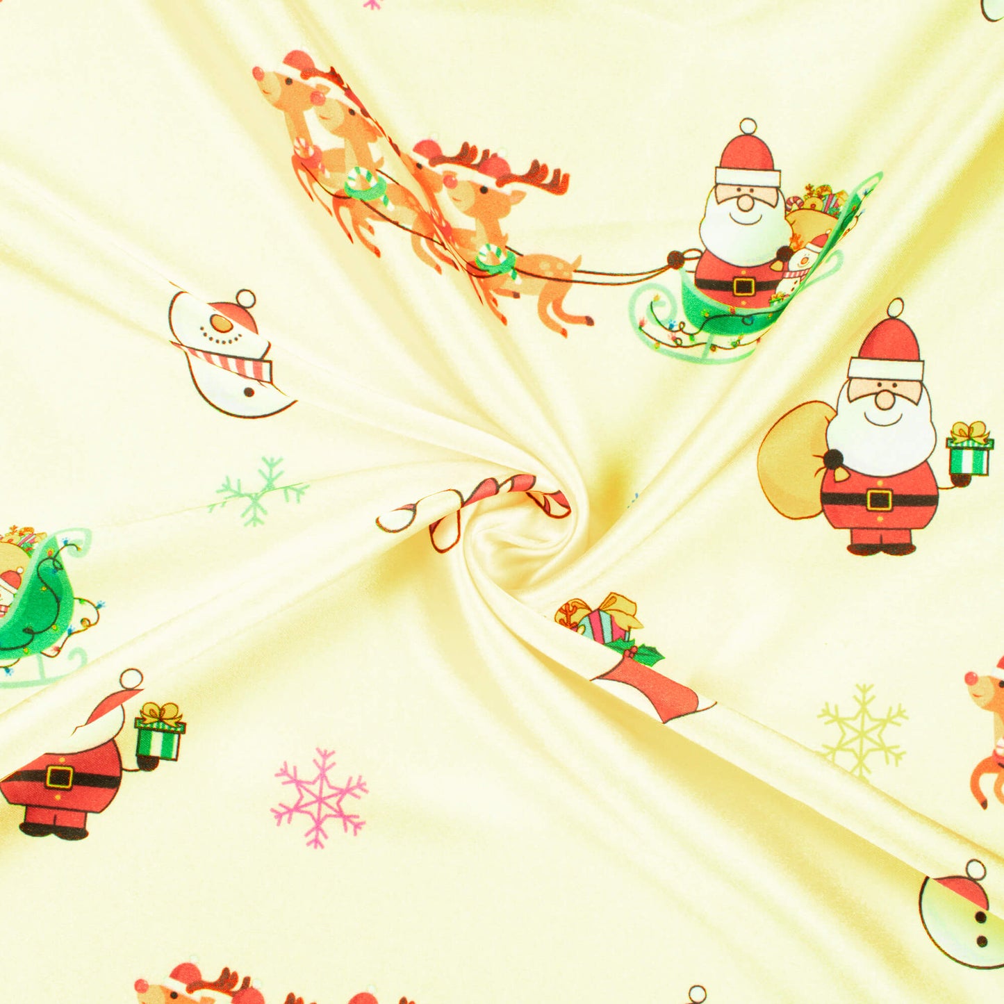 Cream And Red Christmas Pattern Digital Print Japan Satin Fabric - Fabcurate
