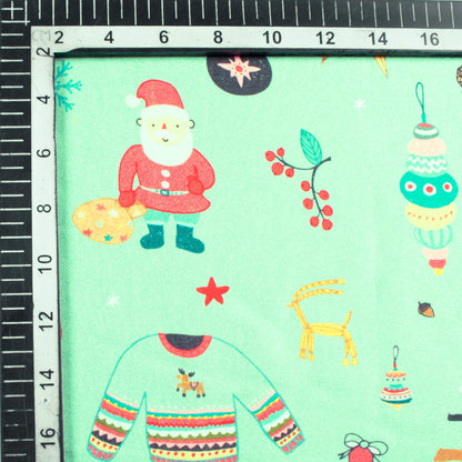Mint Green And Red Christmas Pattern Digital Print Japan Satin Fabric - Fabcurate