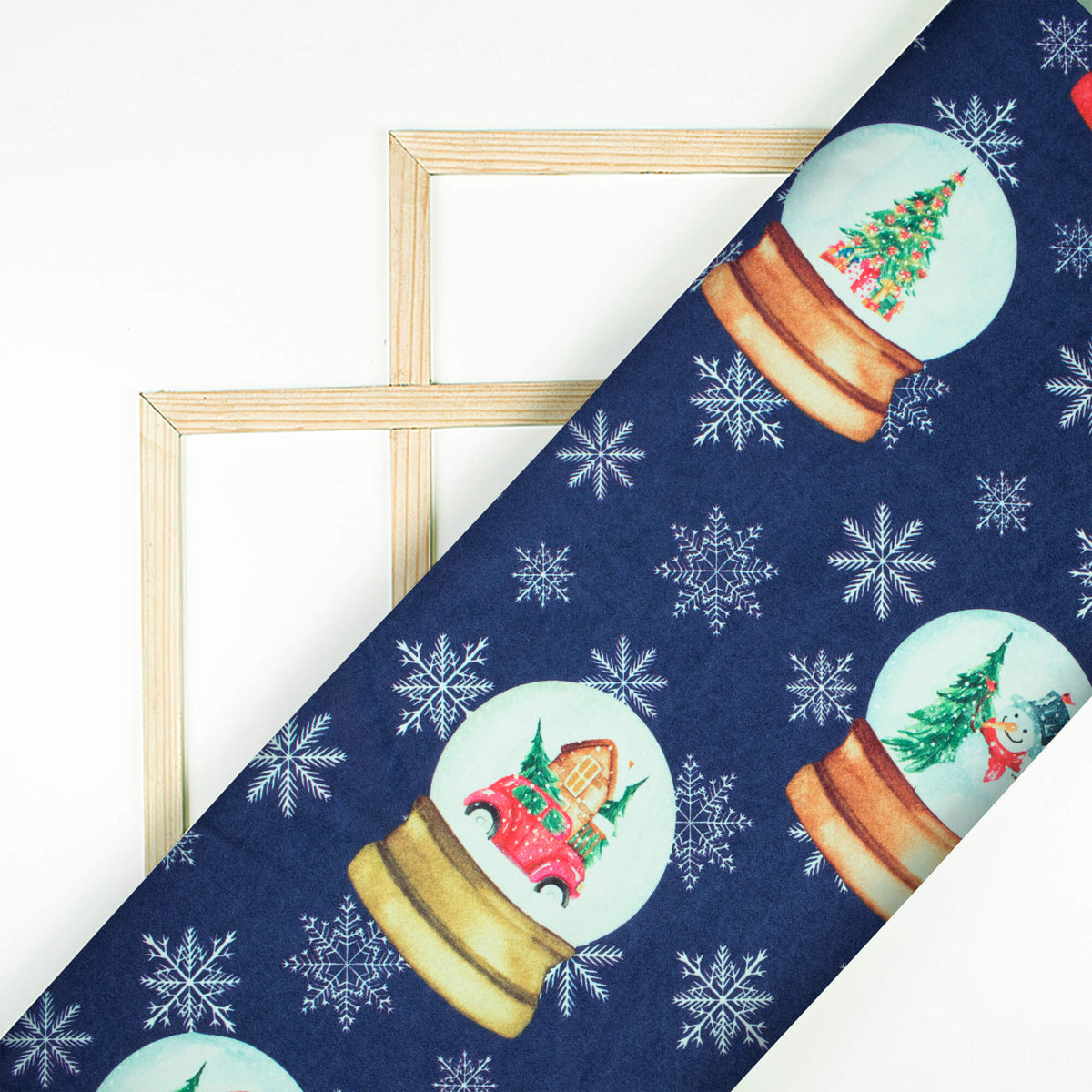 Navy Blue And Off White Christmas Pattern Digital Print Japan Satin Fabric - Fabcurate