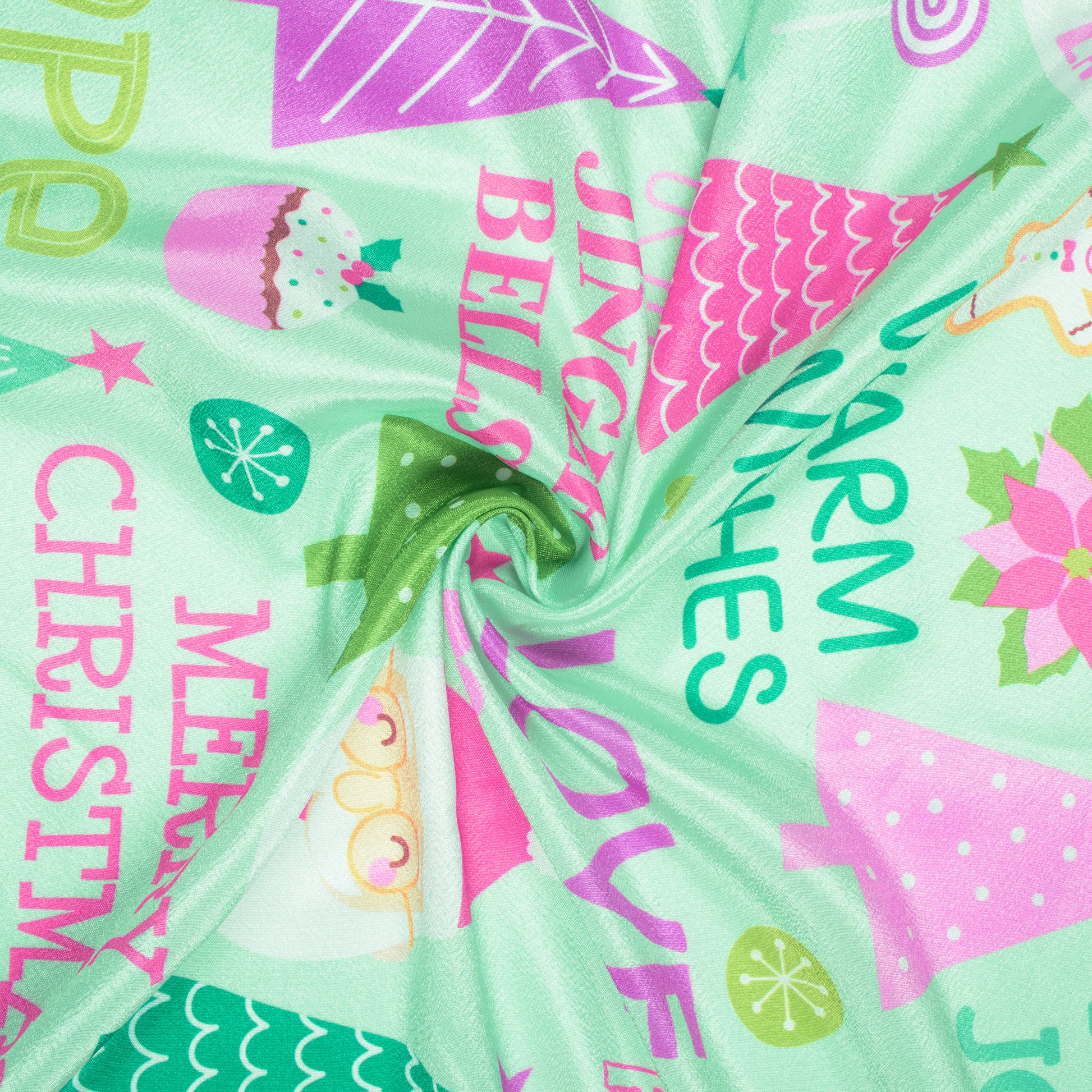 Pitachio Green And Pink Christmas Pattern Digital Print Crepe Silk Fabric - Fabcurate