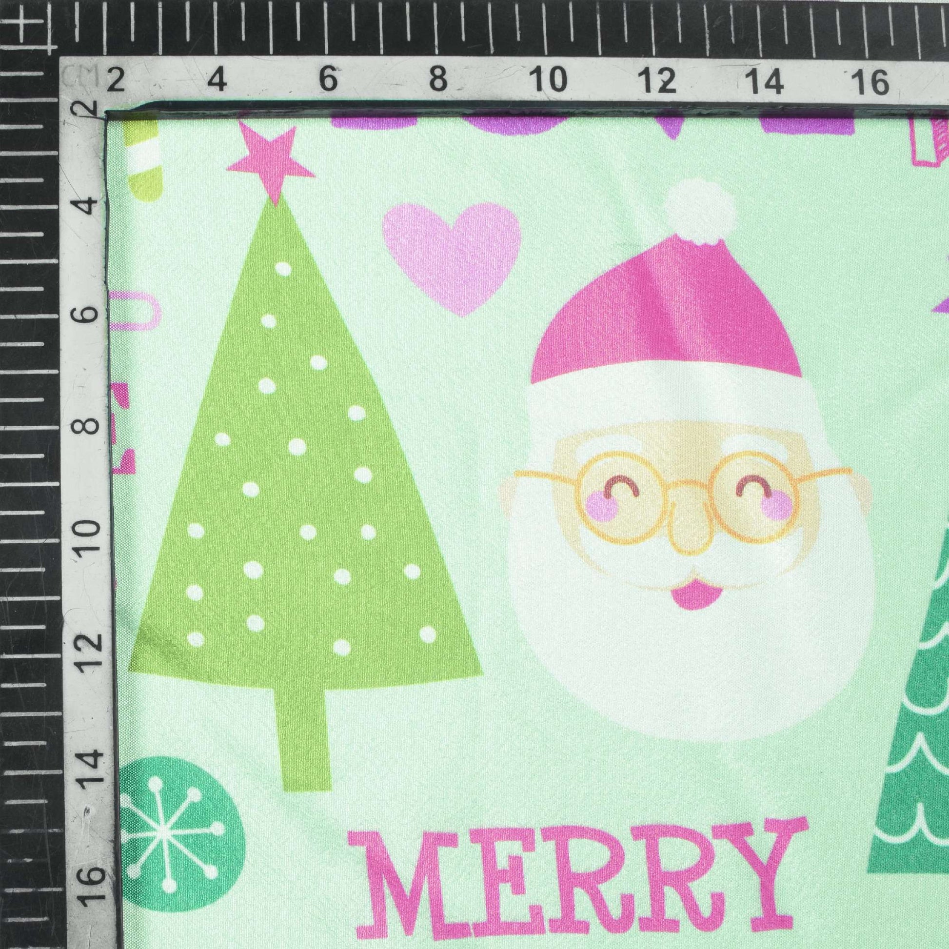 Pitachio Green And Pink Christmas Pattern Digital Print Crepe Silk Fabric - Fabcurate