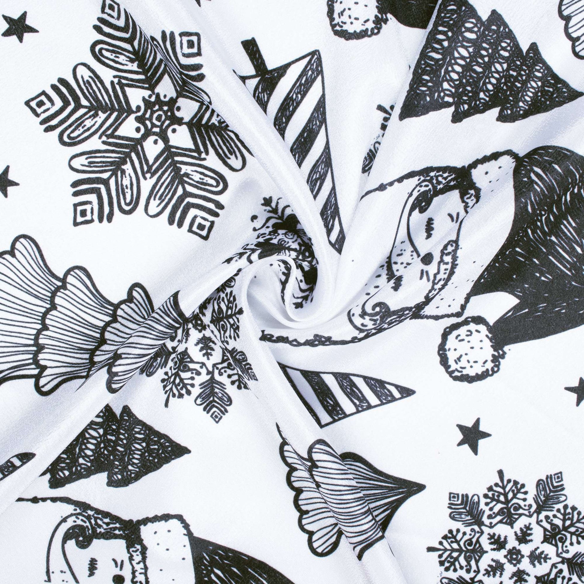 White And Black Christmas Pattern Digital Print Crepe Silk Fabric - Fabcurate